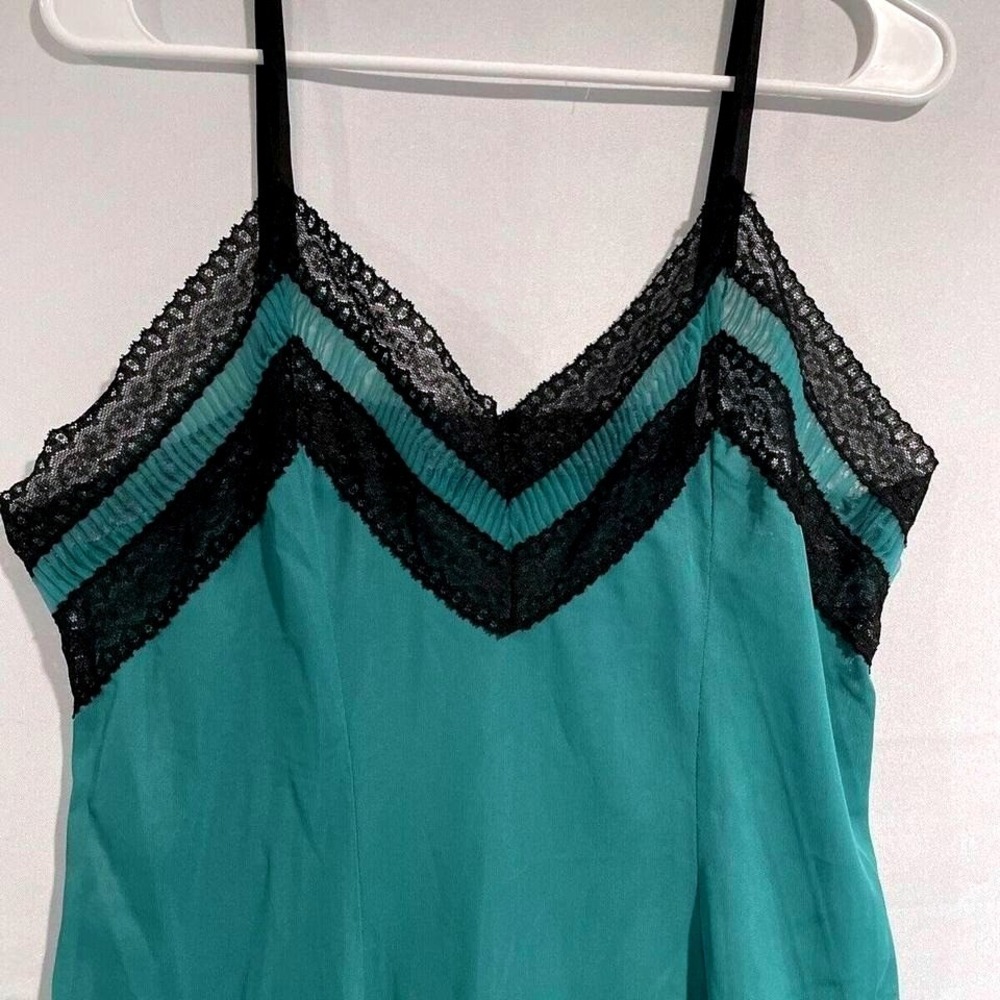Vintage Teal Slip Dress Lingerie Black Lace Trim Y2k Grunge Goth Party Sheer M/L